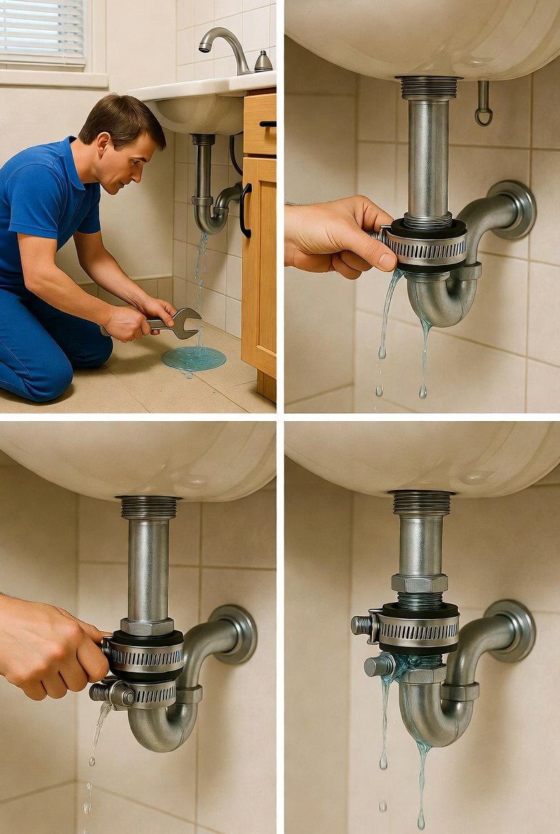 Safety → Shutoff → Contain → Temporary fix → Dry → Call