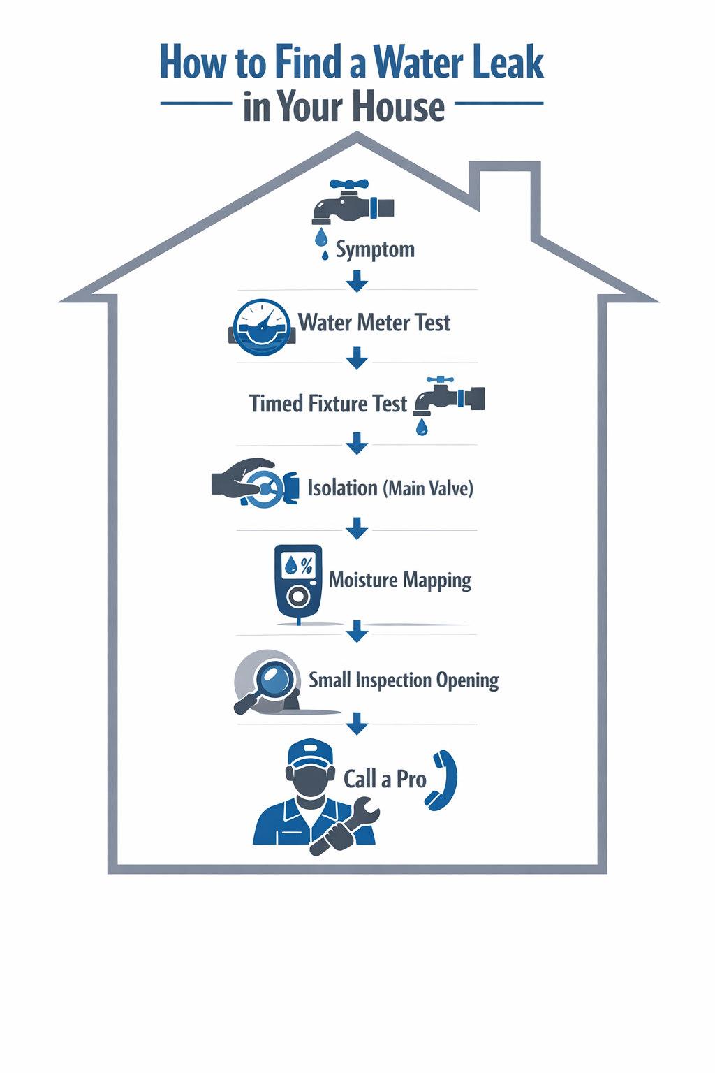 Diagnostic flowchart (Symptom → Meter → Timed Test → Isolation → Moisture Map → Small Opening → Call Boundary)